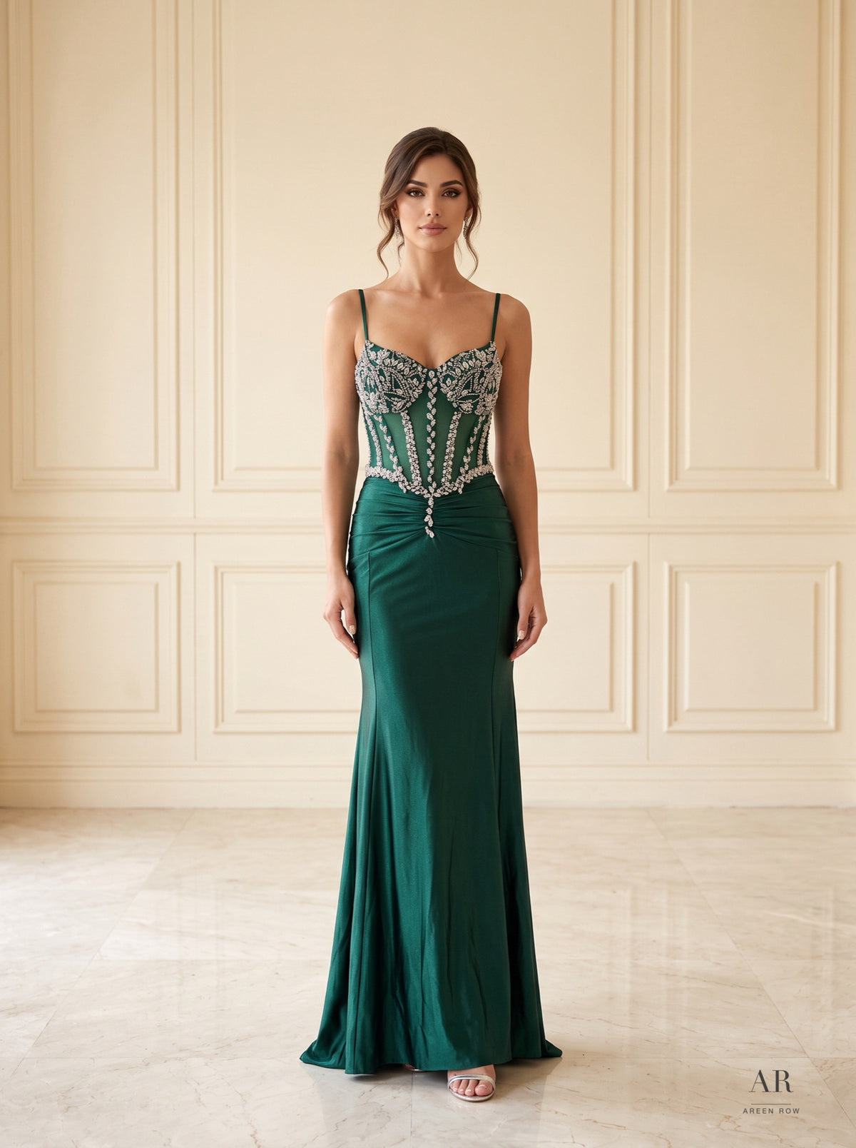 Cassia beaded corset ruched trumpet evening gown by Areen Row, view 3
