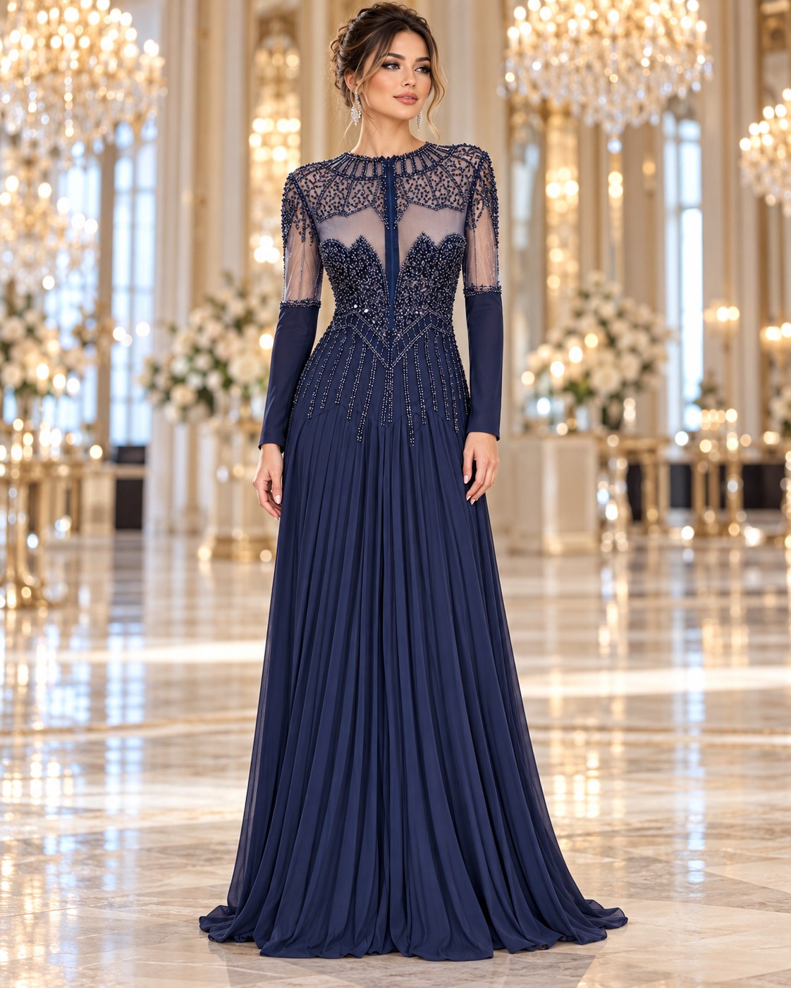 Celestine navy illusion beaded pleated mother of the bride gown by Areen Row, view 9