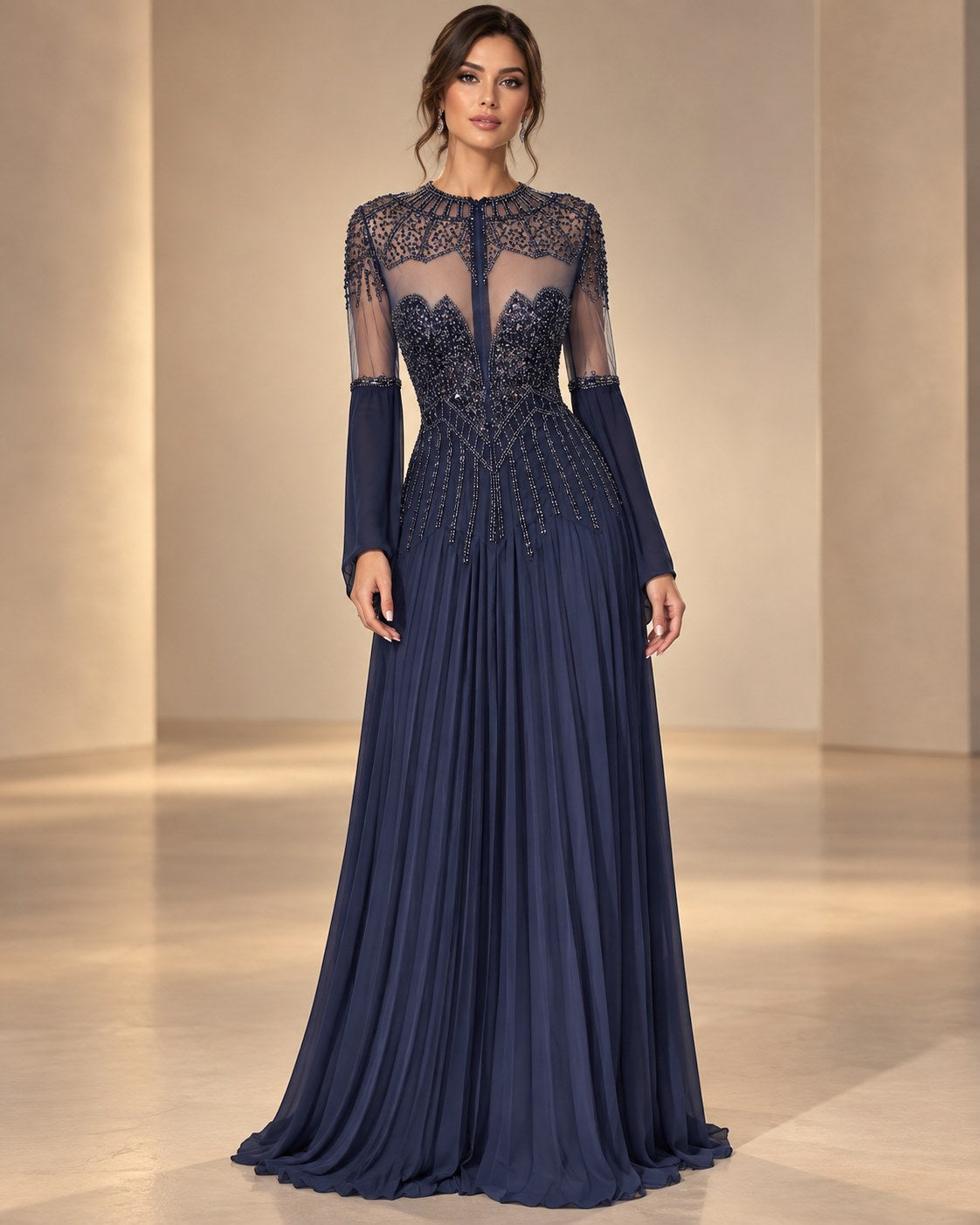 Celestine navy illusion beaded pleated mother of the bride gown by Areen Row, view 10