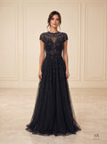 Celine beaded illusion a-line evening gown by Areen Row, front view