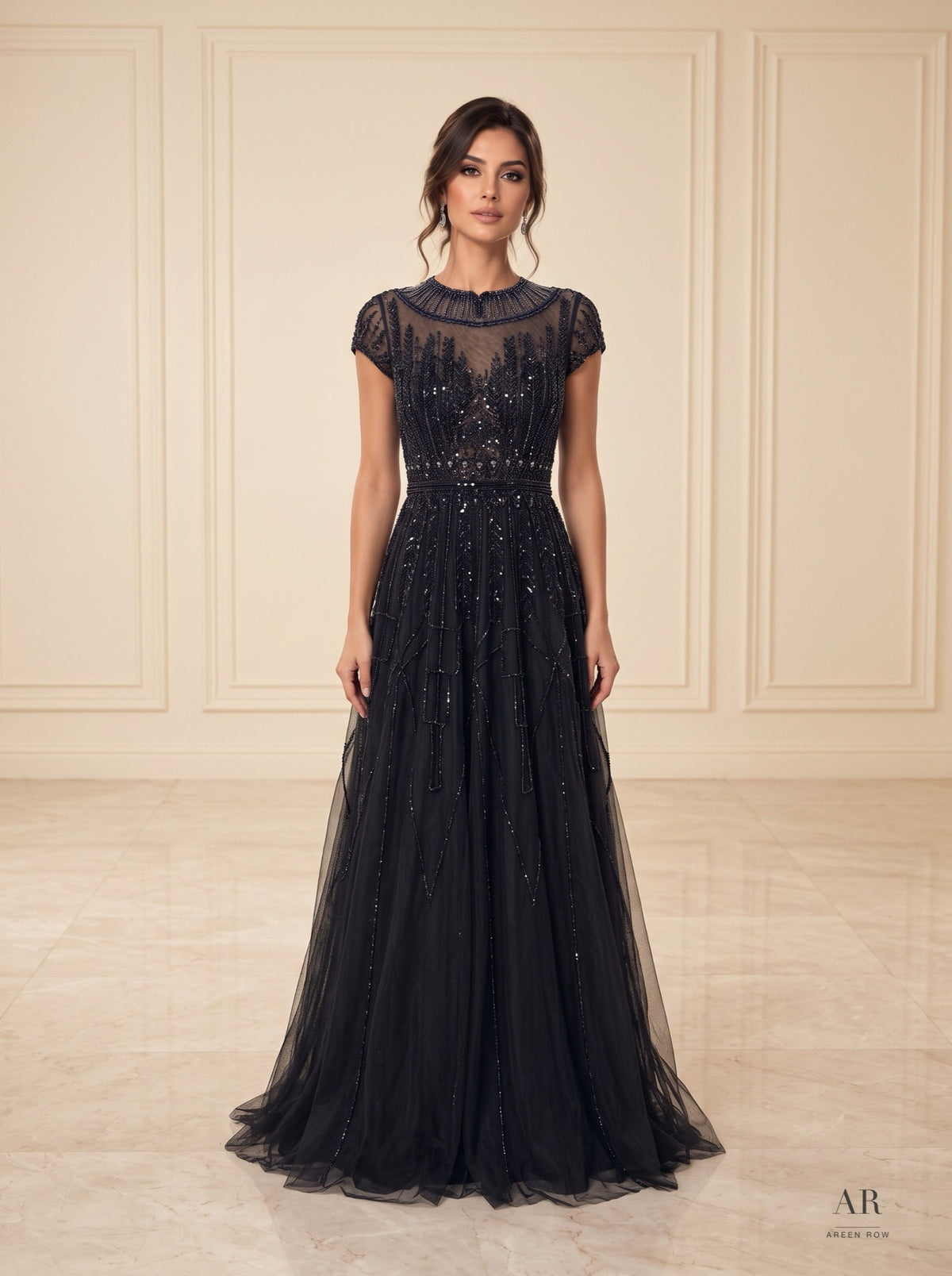 Celine beaded illusion a-line evening gown by Areen Row, front view