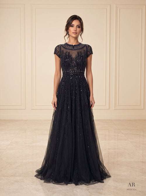 Celine beaded illusion a-line evening gown by Areen Row, front view