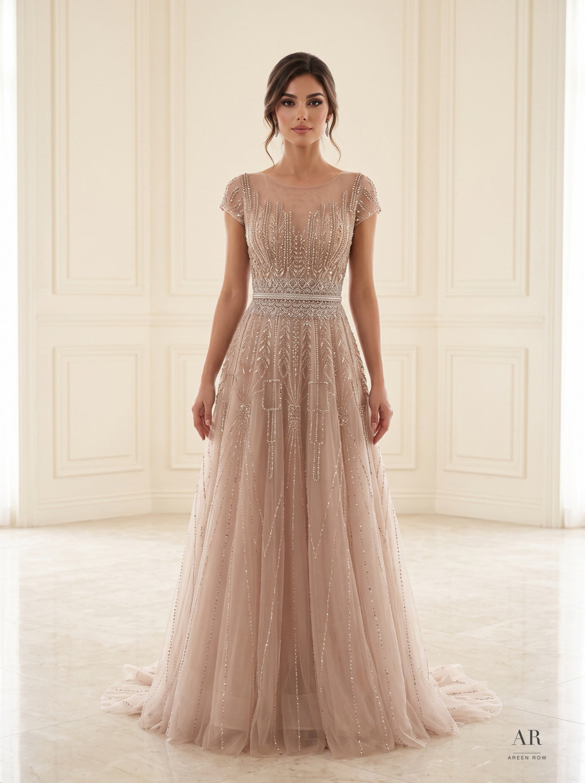 Celine beaded illusion a-line evening gown by Areen Row, detail view