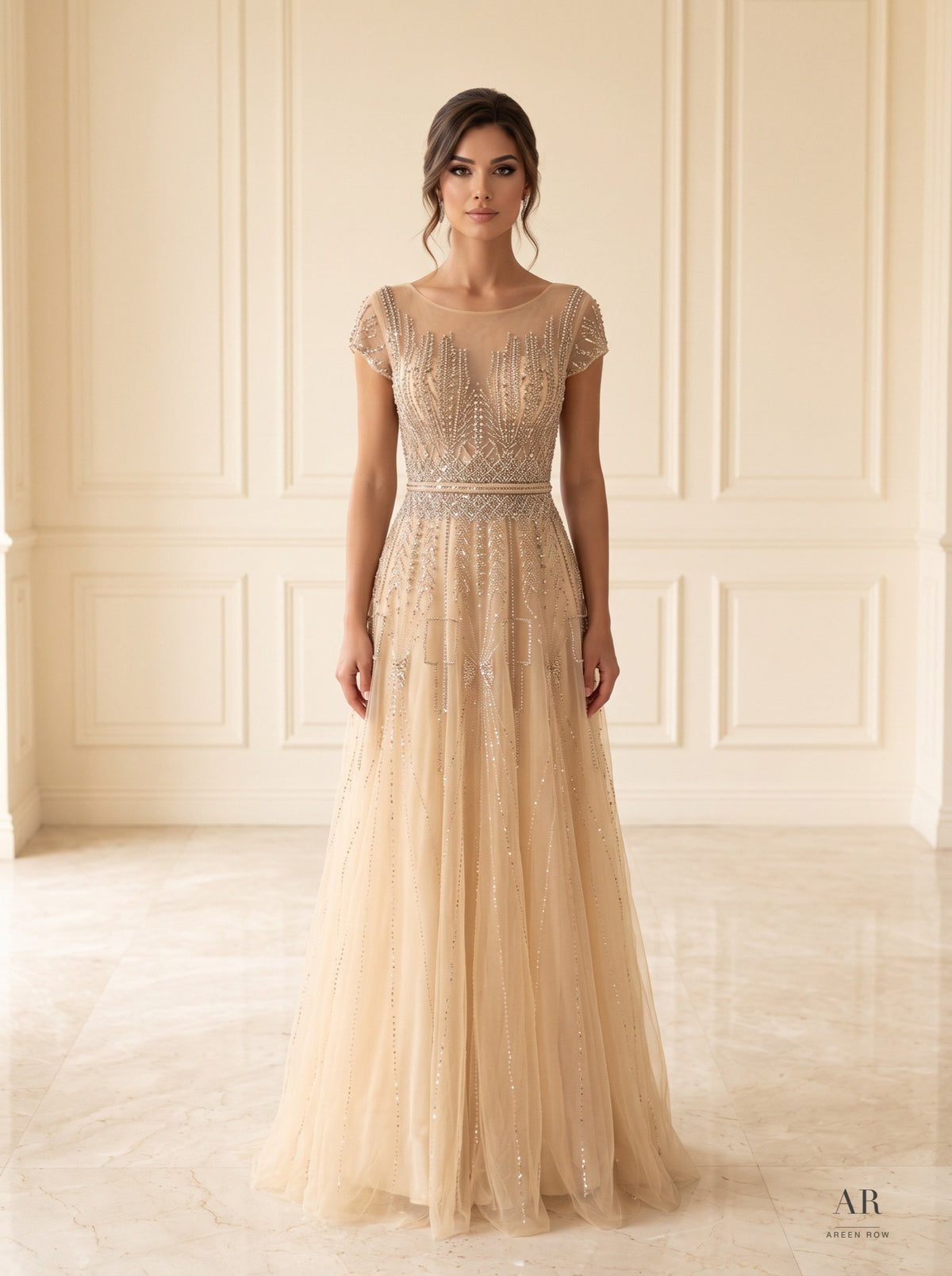 Celine beaded illusion a-line evening gown by Areen Row, view 3