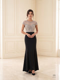 Chandra illusion beaded trumpet evening gown by Areen Row, front view