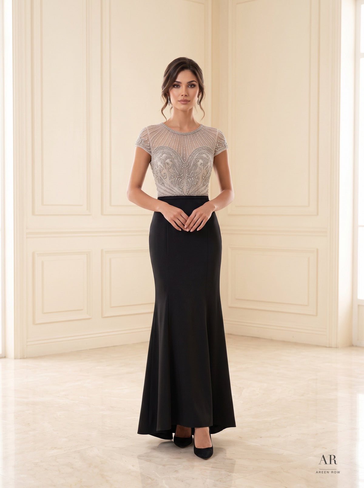 Chandra illusion beaded trumpet evening gown by Areen Row, front view