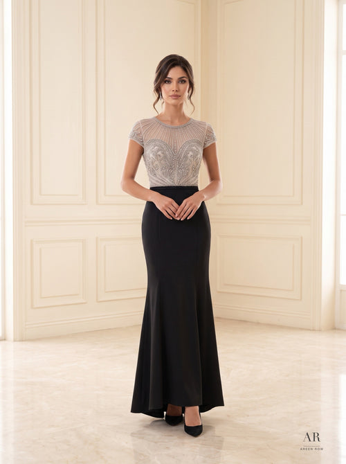 Chandra illusion beaded trumpet evening gown by Areen Row, front view