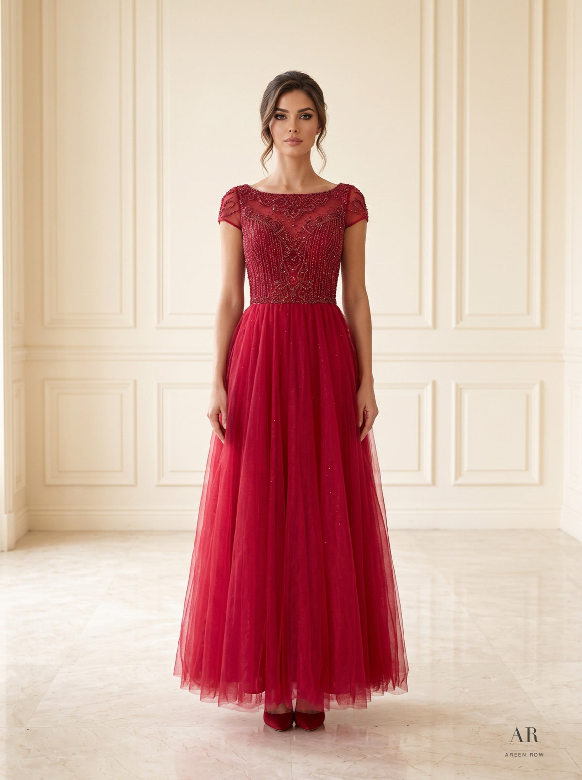 Clementine red beaded cap-sleeve a-line evening gown by Areen Row