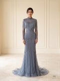 Clio beaded fringe mandarin collar trumpet evening gown by Areen Row, front view