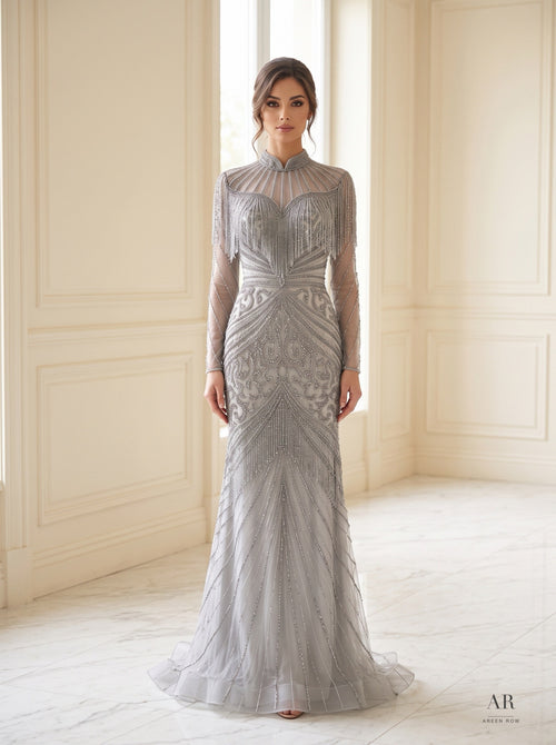 Clio beaded fringe mandarin collar trumpet evening gown by Areen Row, detail view