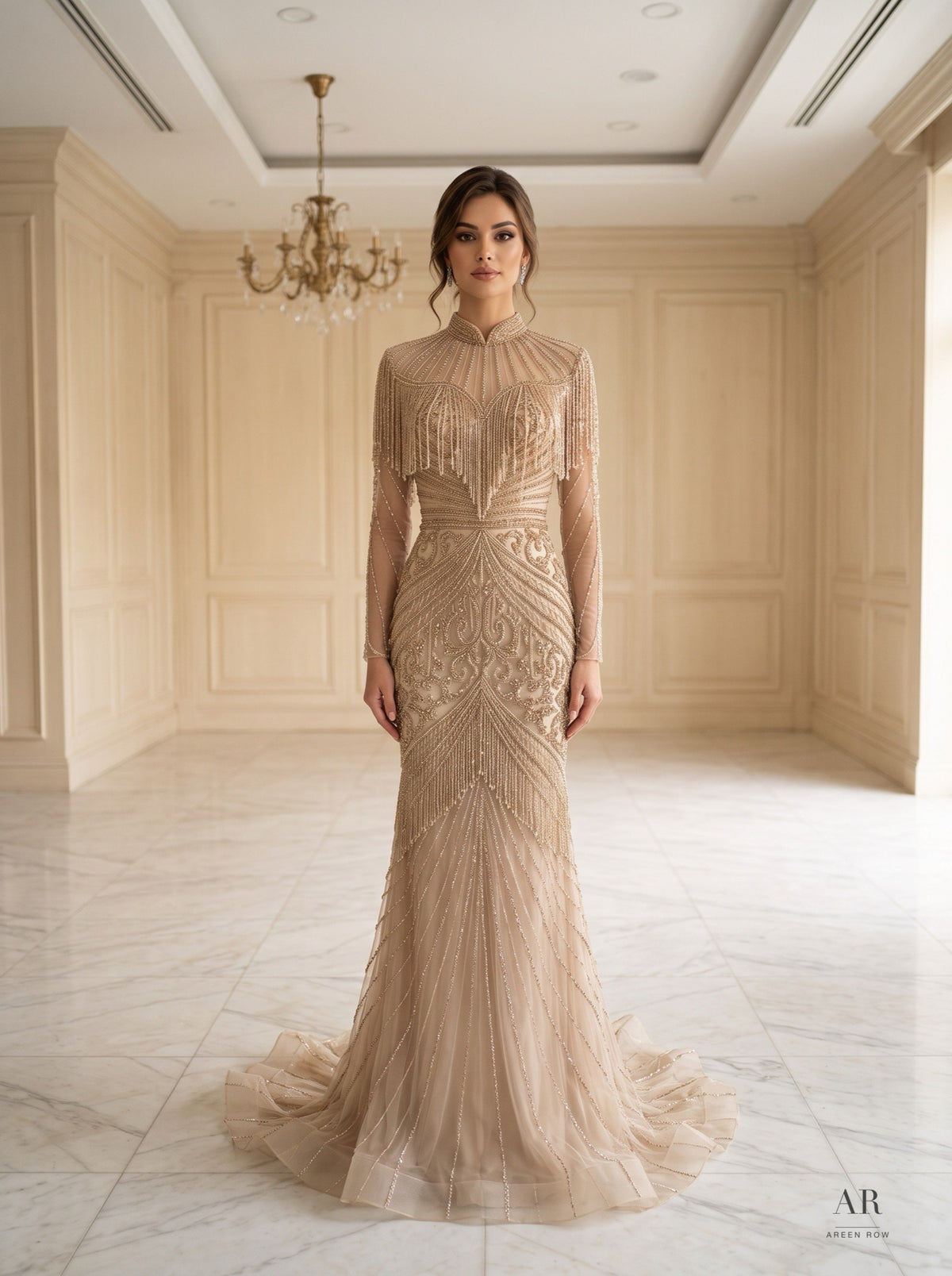 Clio beaded fringe mandarin collar trumpet evening gown by Areen Row, view 3