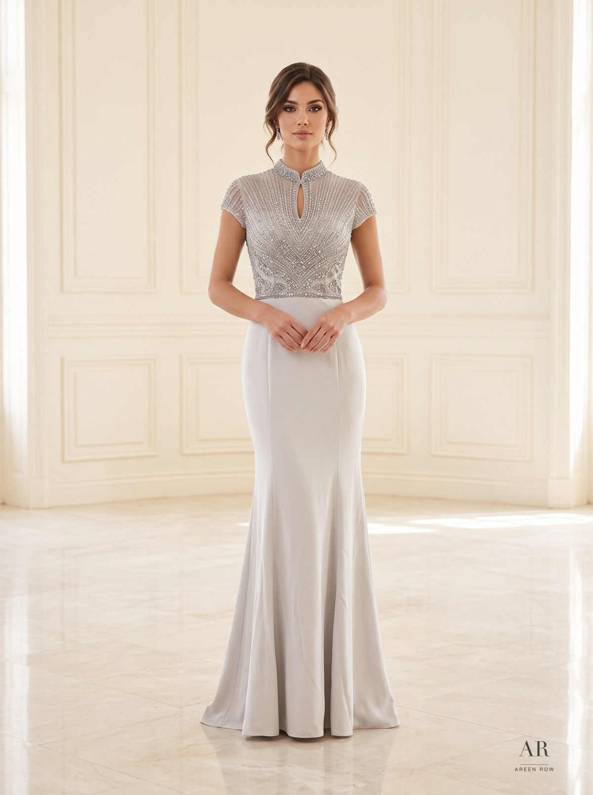 Coraline beaded keyhole trumpet evening gown by Areen Row, front view