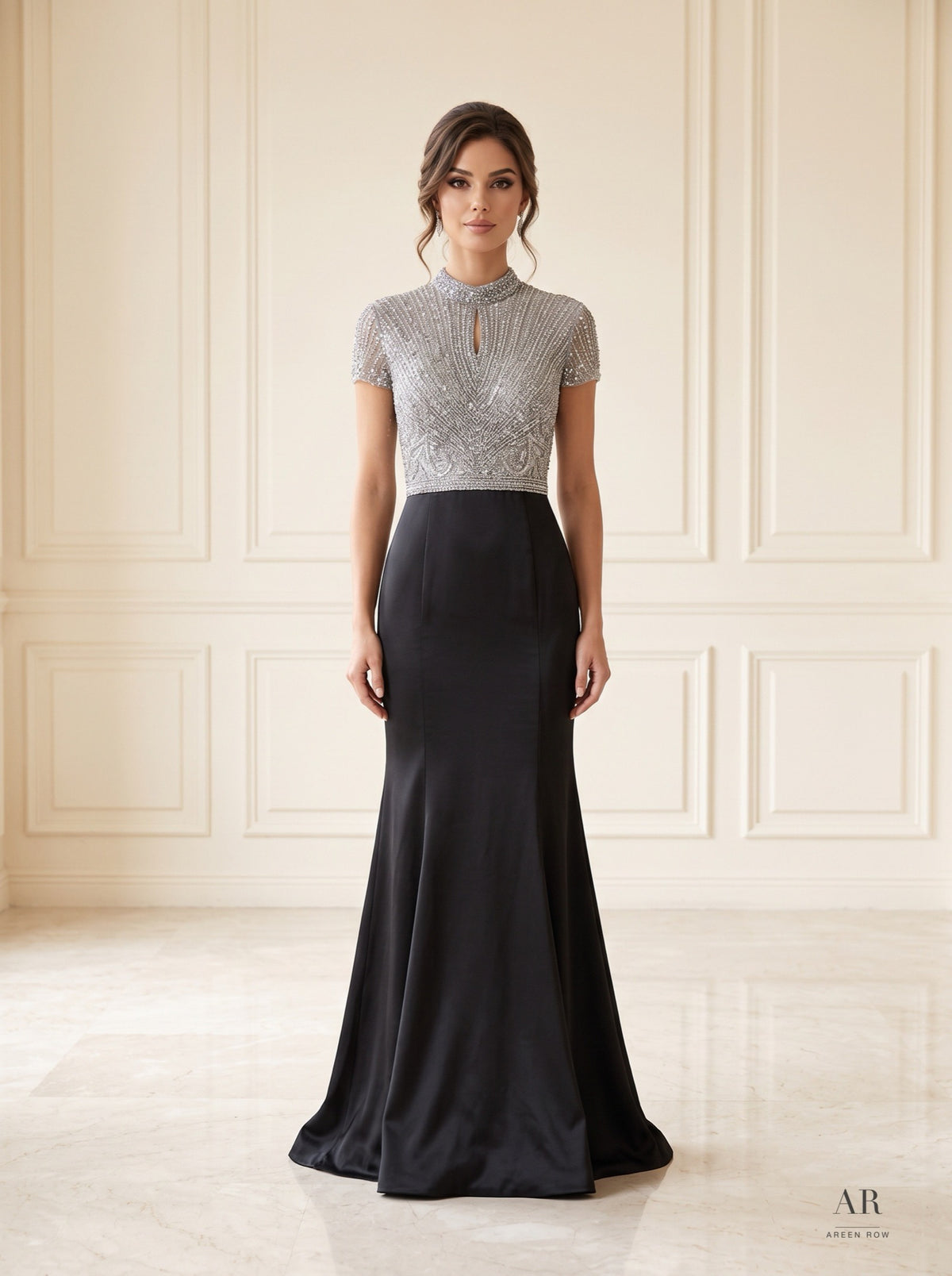 Coraline beaded keyhole trumpet evening gown by Areen Row, detail view