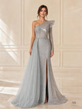 Cosima silver blue one shoulder beaded slit evening gown by Areen Row