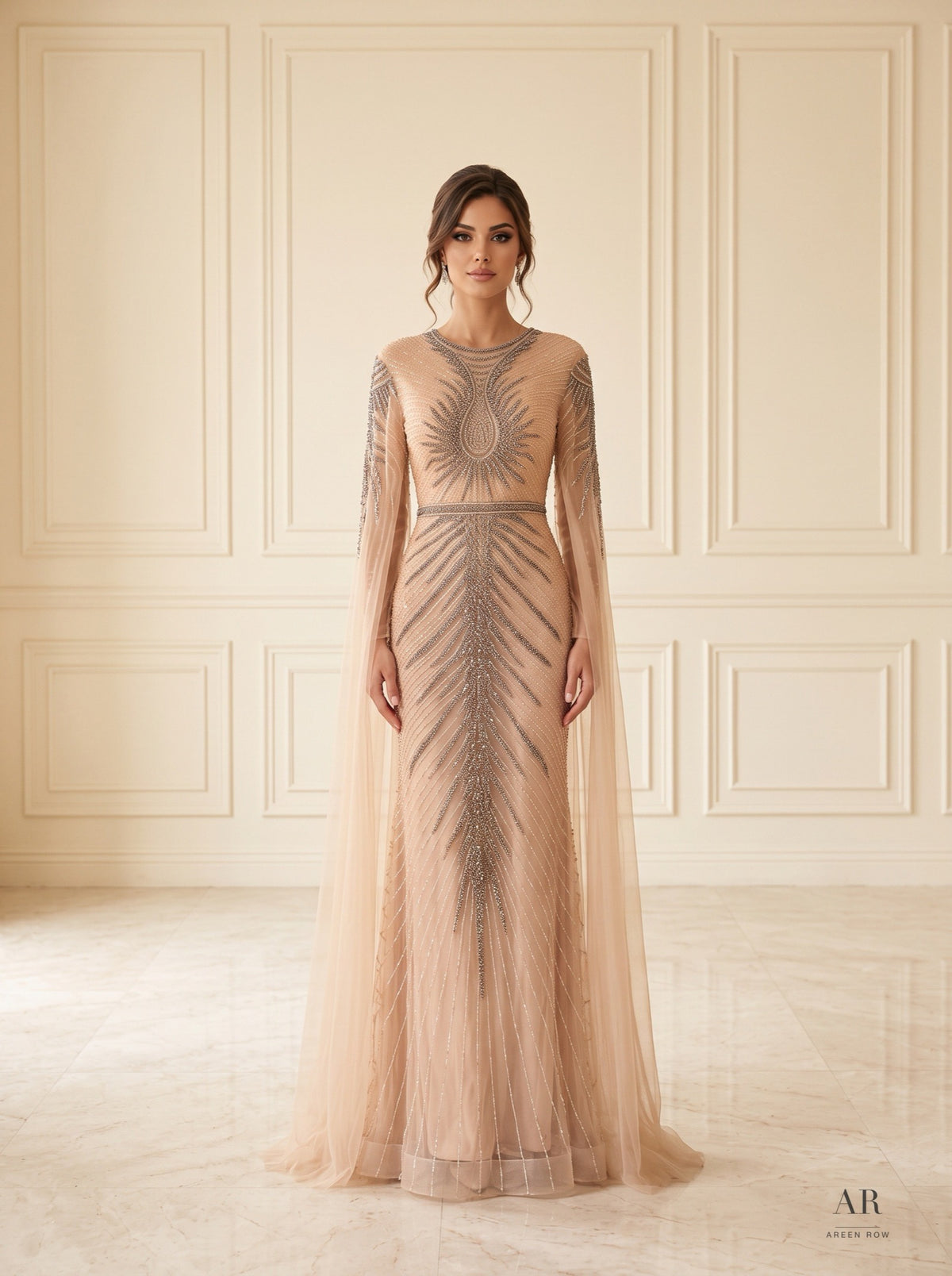 Dahlia beaded cape-sleeve column evening gown by Areen Row, front view