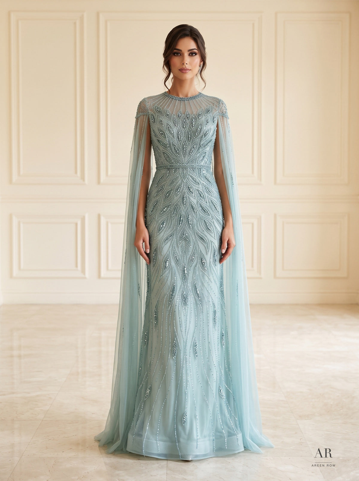 Dahlia beaded cape-sleeve column evening gown by Areen Row, detail view
