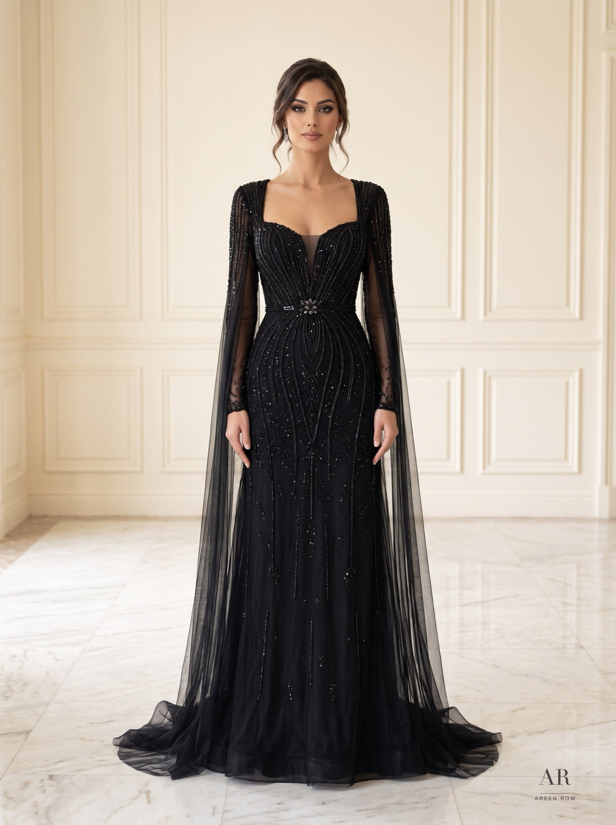 Dalia beaded sheath gown with cape evening gown by Areen Row, detail view