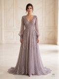 Dalila mauve beaded v-neck puff sleeve a-line evening gown by Areen Row