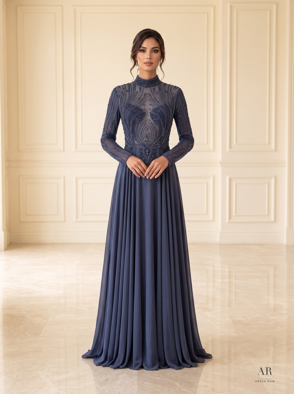 Damaris beaded illusion a-line cape evening gown by Areen Row, front view