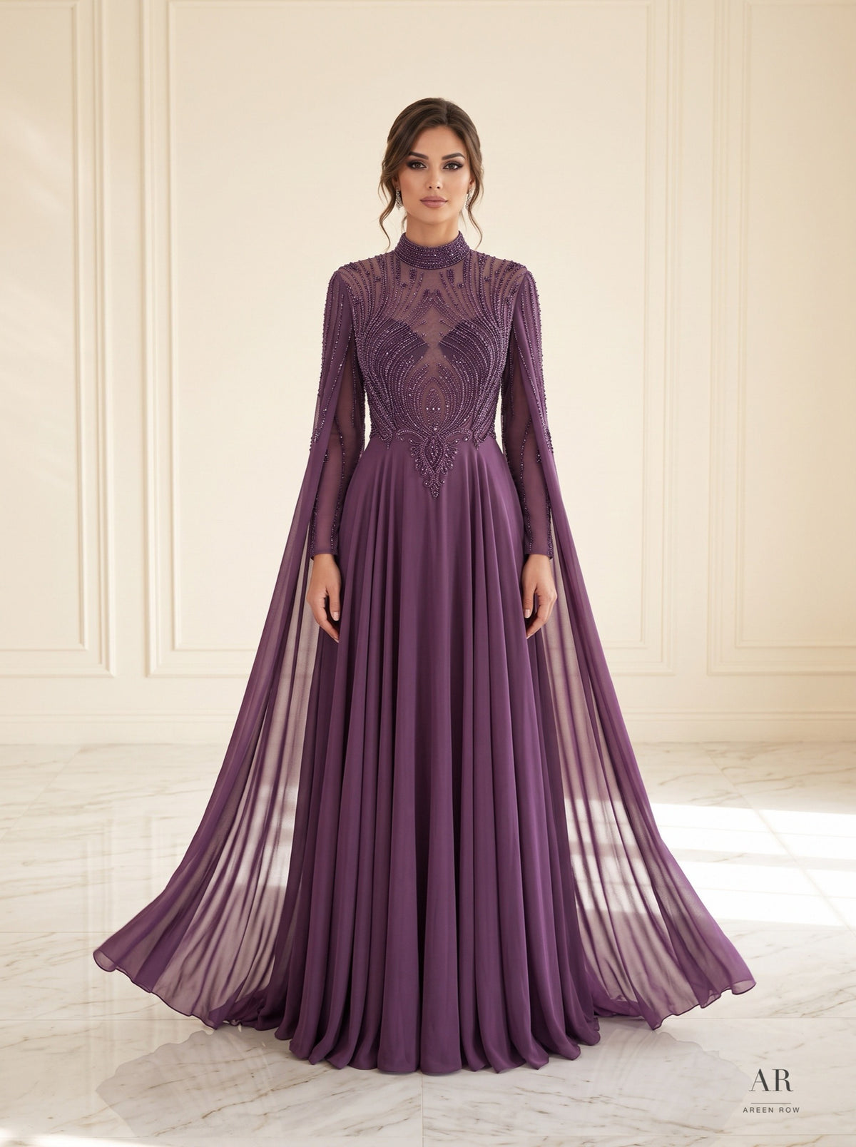 Damaris beaded illusion a-line cape evening gown by Areen Row, detail view