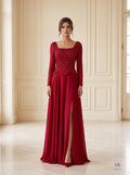 Daphne beaded peplum slit a-line evening gown by Areen Row, front view