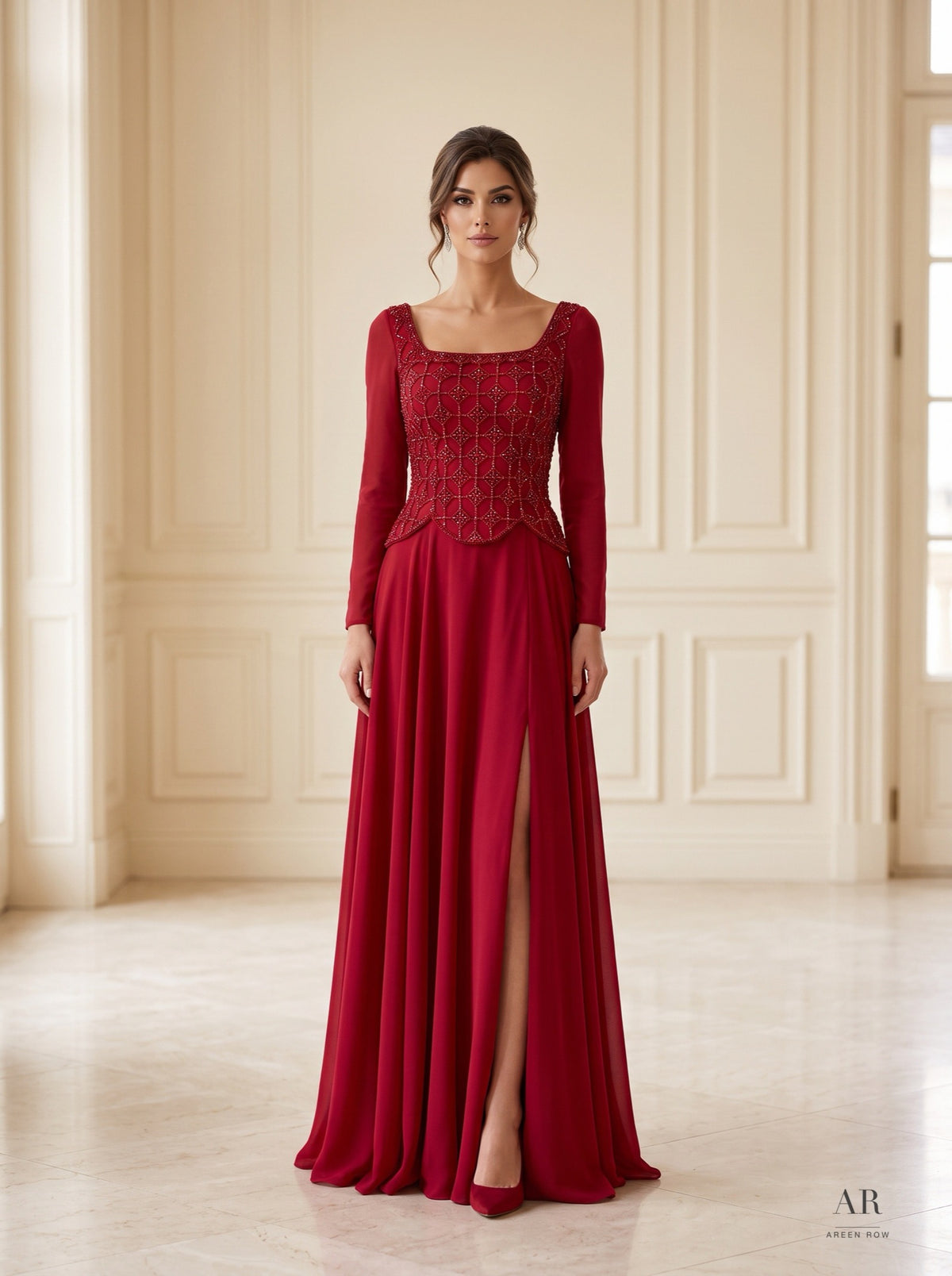 Daphne beaded peplum slit a-line evening gown by Areen Row, front view