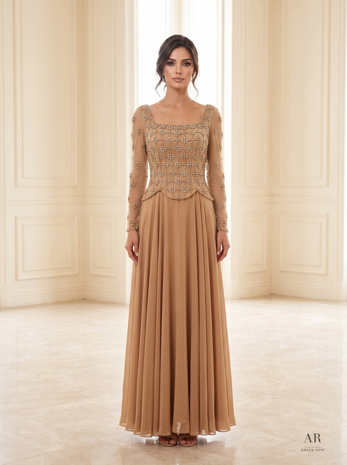 Daphne beaded peplum slit a-line evening gown by Areen Row, detail view