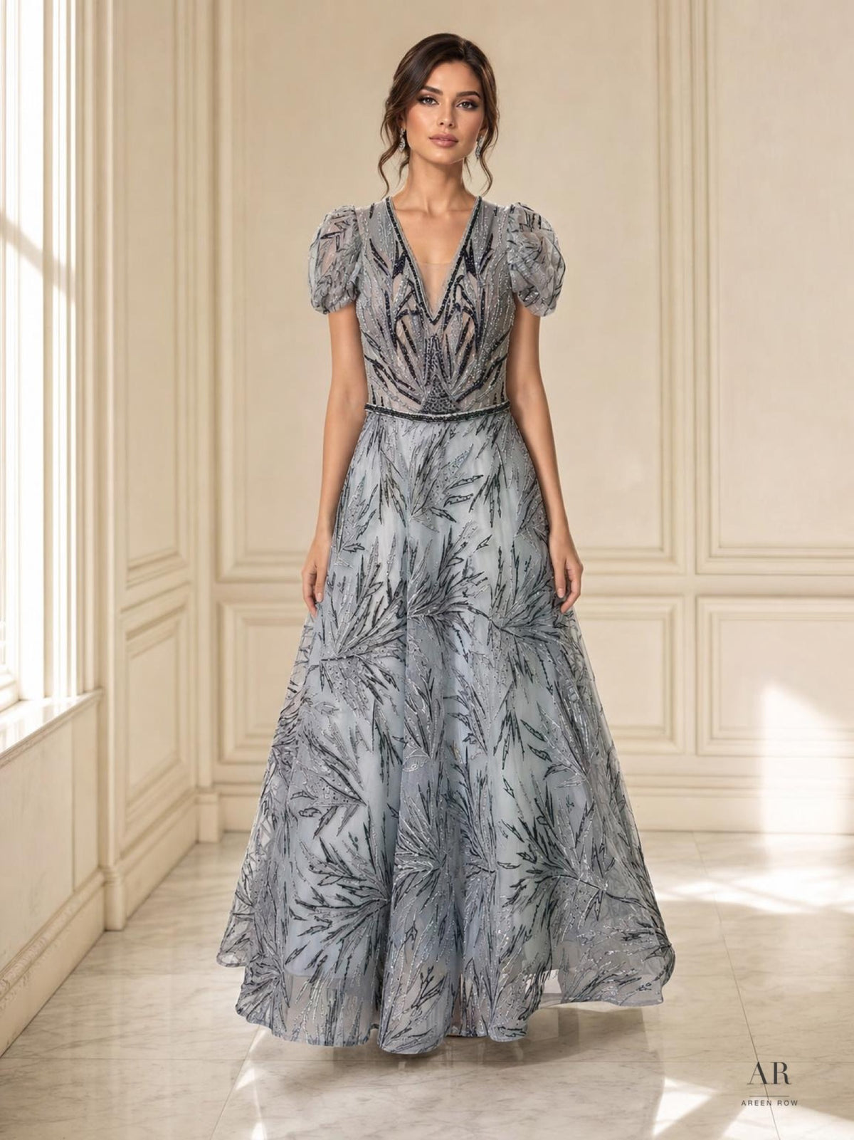 Delfina silver blue embroidered puff sleeve a-line evening gown by Areen Row