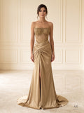 Delphine beaded ruched front-slit evening gown by Areen Row, front view