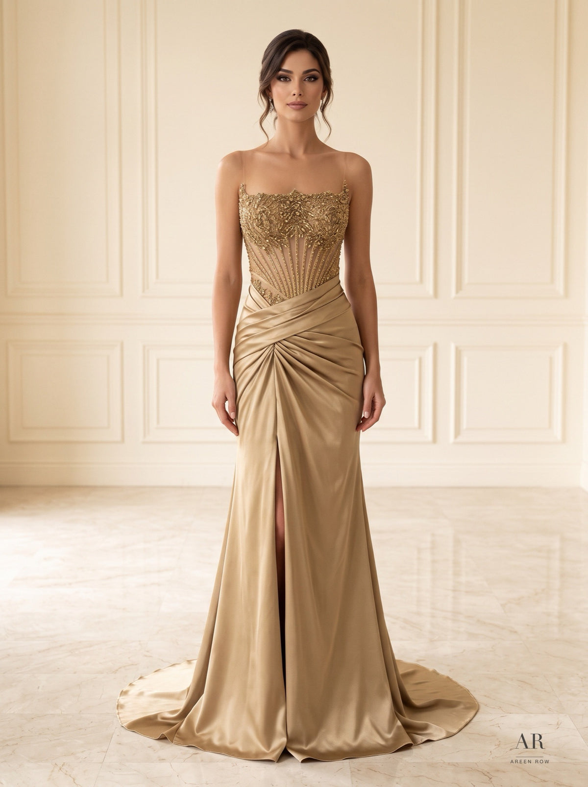 Delphine beaded ruched front-slit evening gown by Areen Row, front view