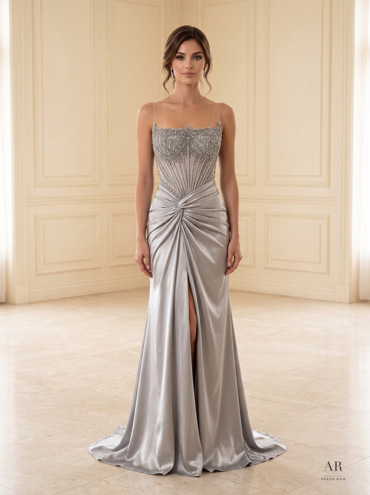 Delphine beaded ruched front-slit evening gown by Areen Row, detail view