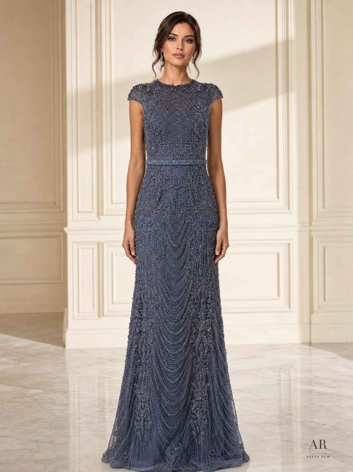 Dorothea dusty blue beaded cap-sleeve evening gown by Areen Row