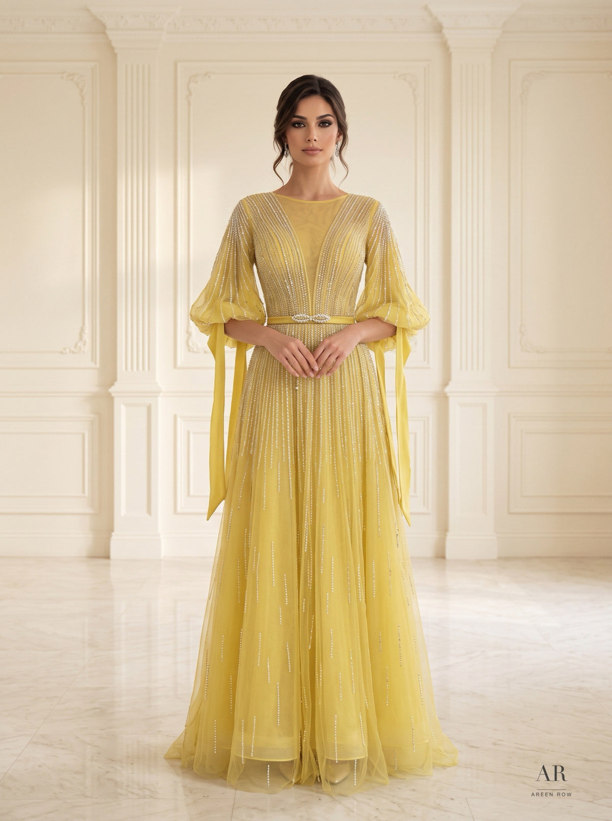 Elara beaded illusion a-line evening gown by Areen Row, front view