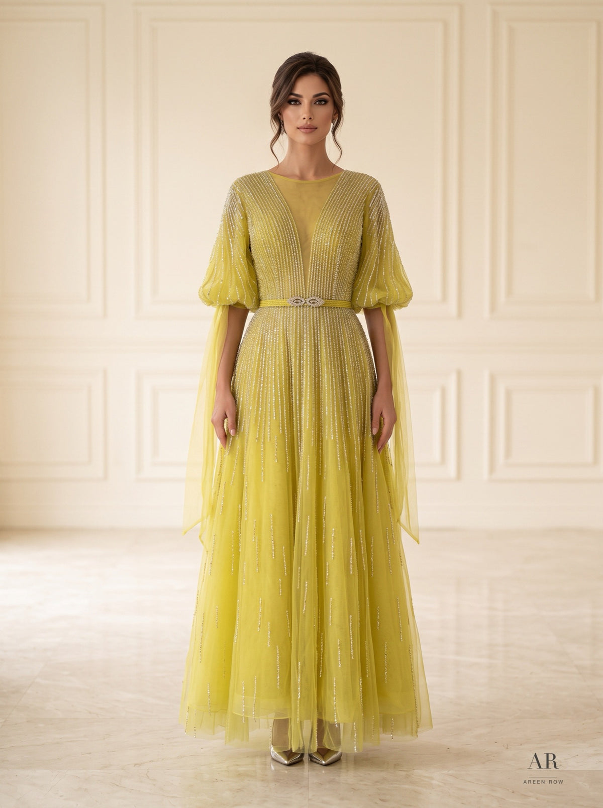 Elara beaded illusion a-line evening gown by Areen Row, detail view