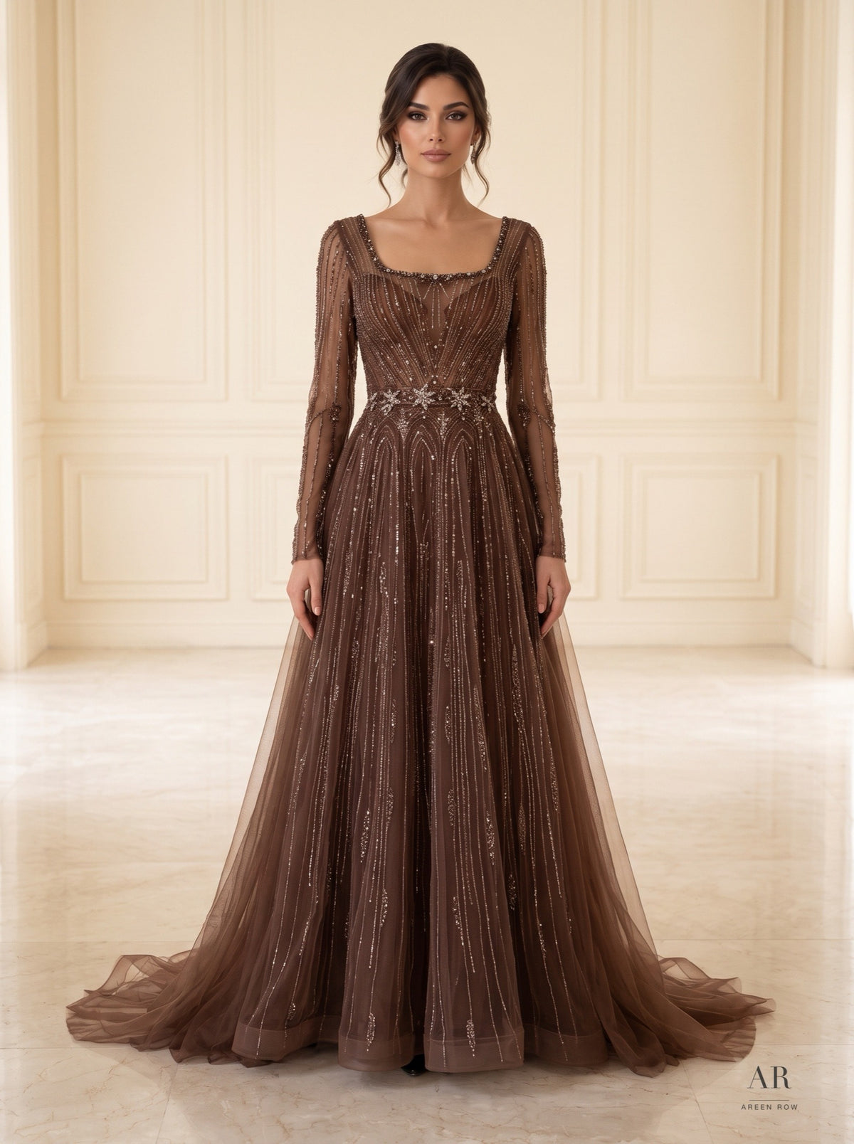 Eliane beaded starburst a-line evening gown by Areen Row, front view