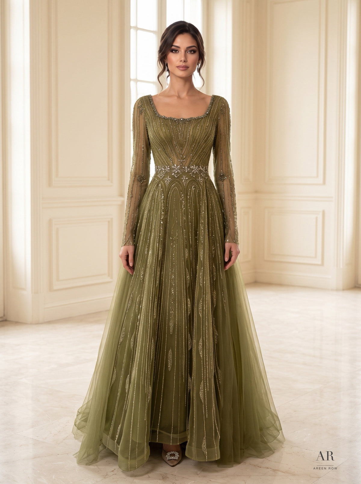 Eliane beaded starburst a-line evening gown by Areen Row, detail view