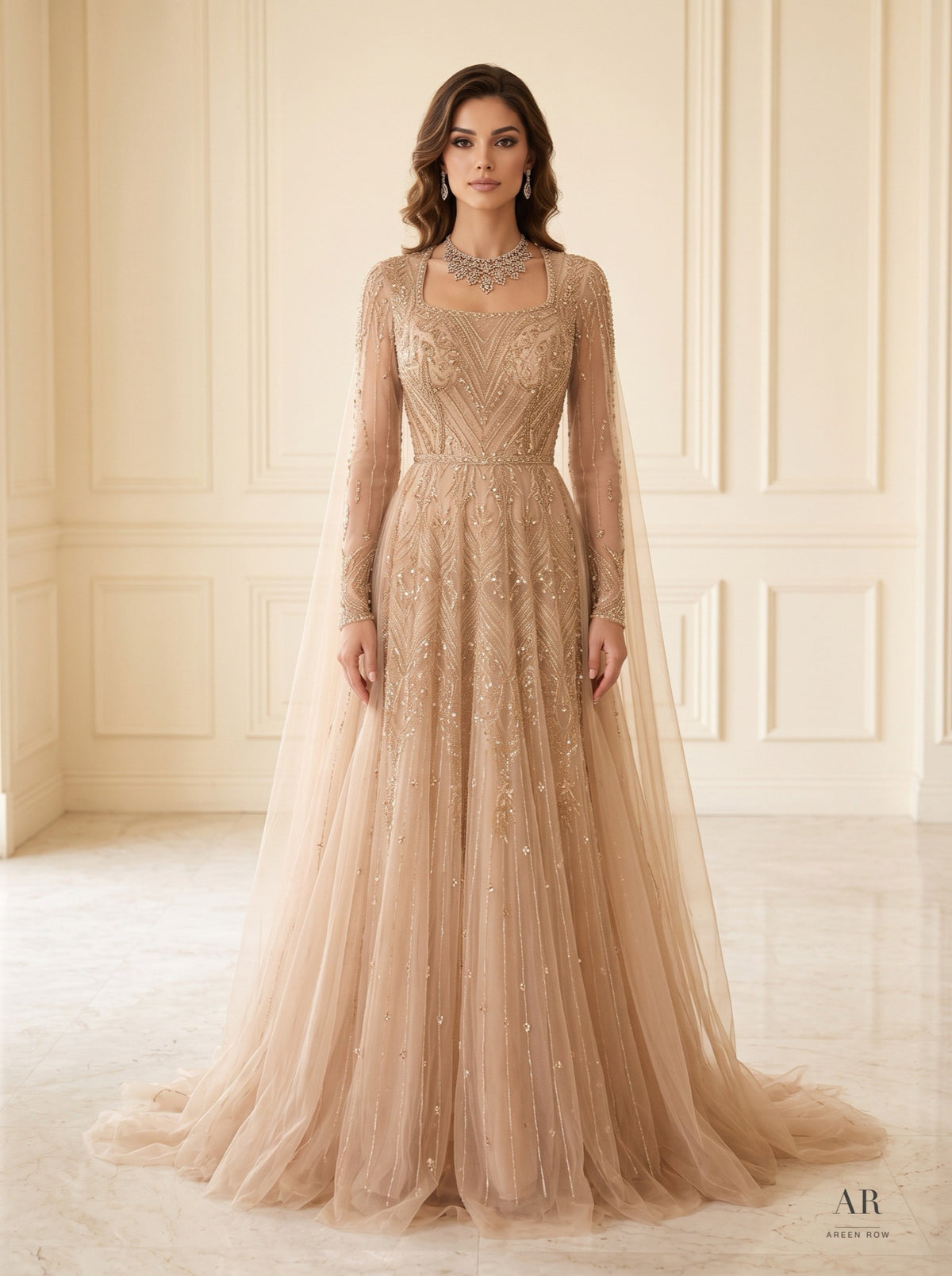 Elodie beaded tulle a-line evening gown by Areen Row, front view