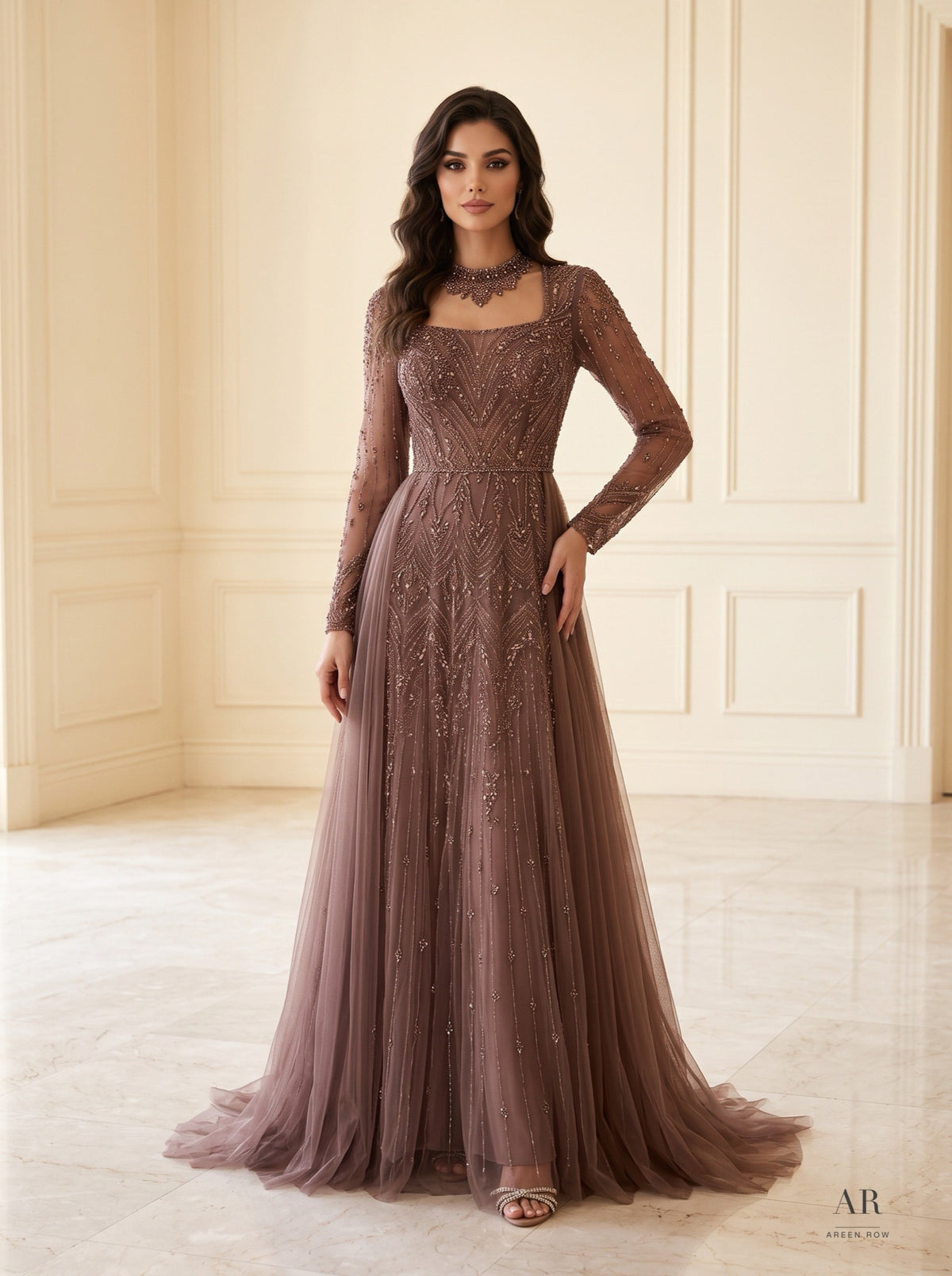 Elodie beaded tulle a-line evening gown by Areen Row, detail view