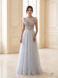 Eloise sky blue beaded flutter-sleeve a-line evening gown by Areen Row