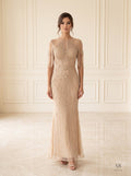Emmeline fringed art deco beaded trumpet evening gown by Areen Row, front view