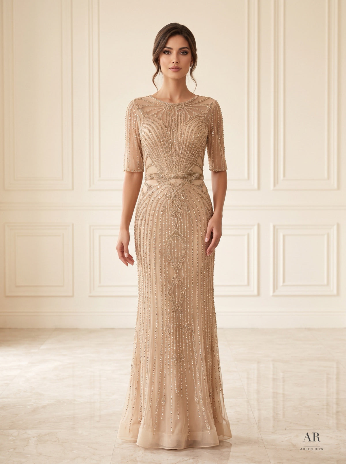 Esme art deco beaded sheath evening gown by Areen Row, front view
