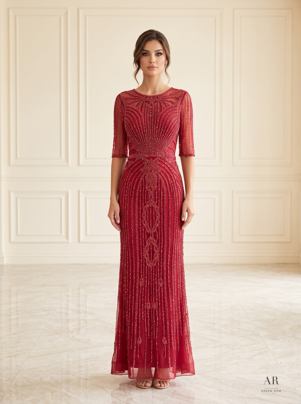 Esme art deco beaded sheath evening gown by Areen Row, detail view