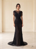 Esra black beaded fringe illusion sheath evening gown by Areen Row