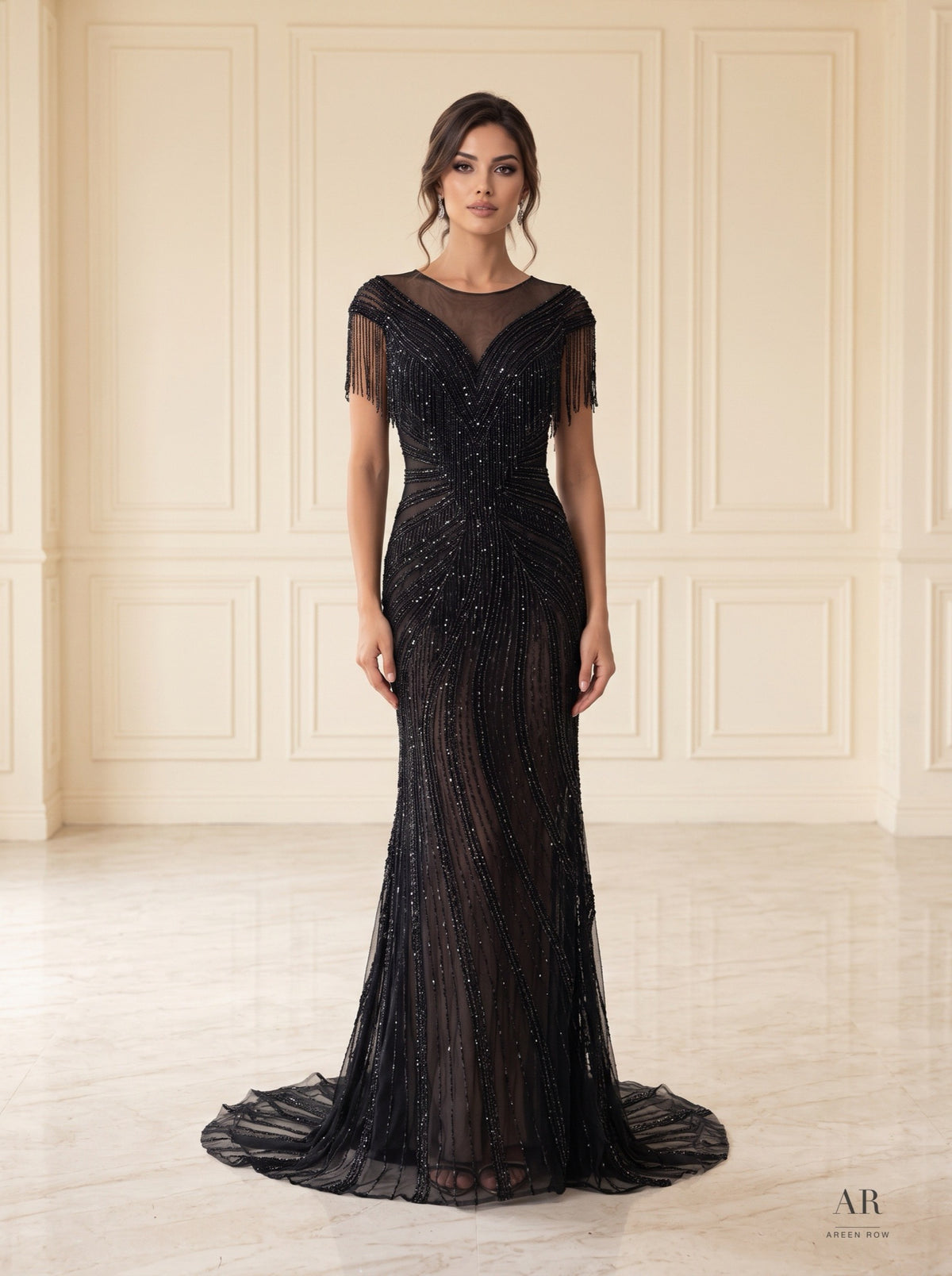 Esra black beaded fringe illusion sheath evening gown by Areen Row