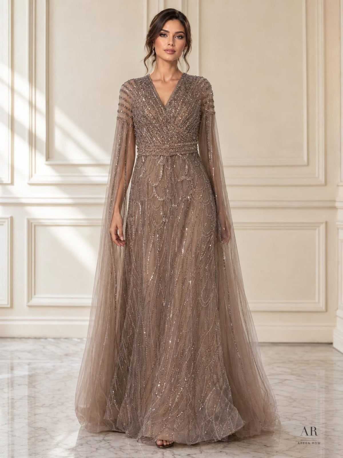 Estelle mink mink beaded illusion cape a-line evening gown by Areen Row