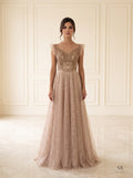 Esther nude embroidered flutter-sleeve a-line evening gown by Areen Row