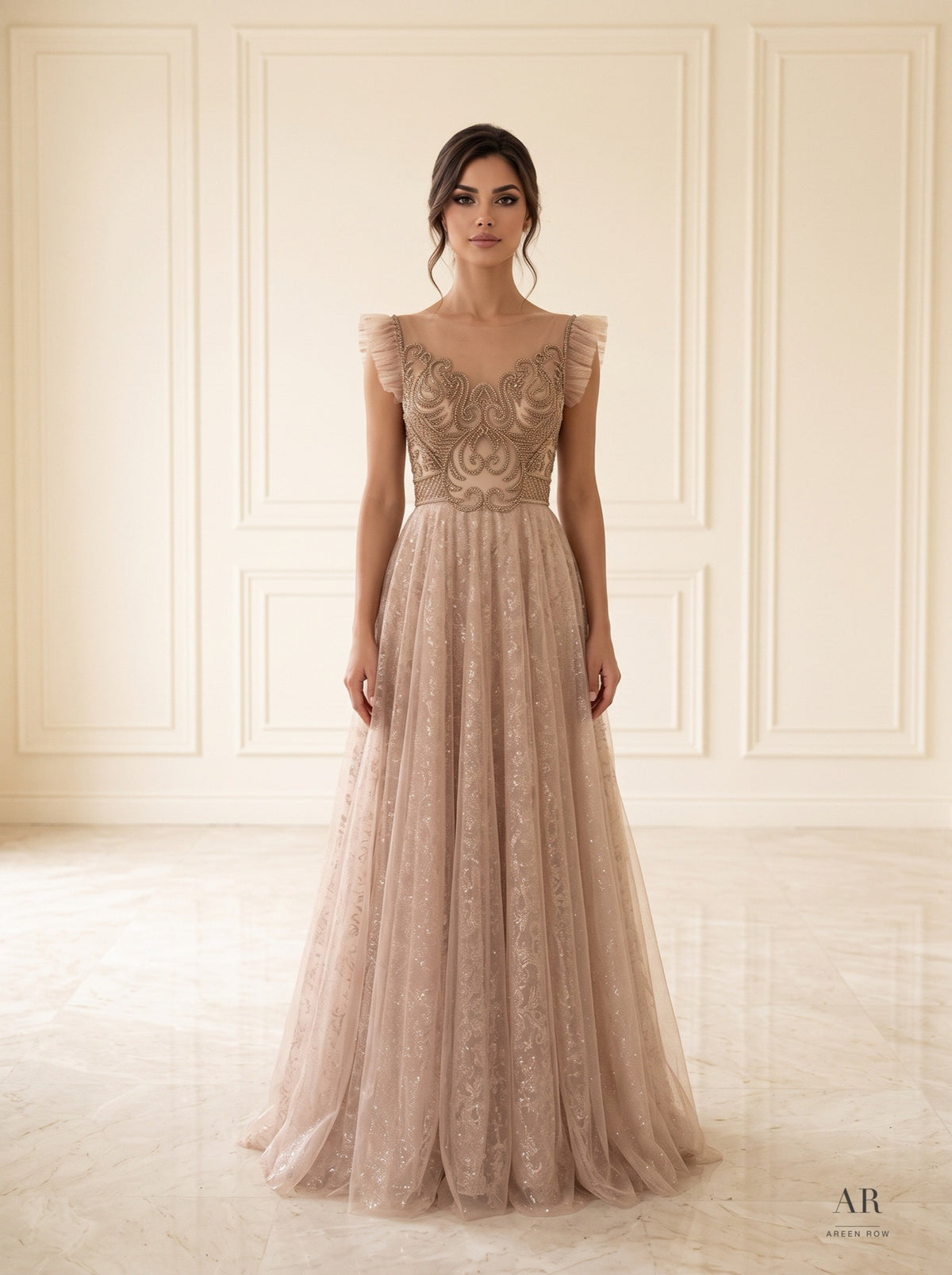 Esther nude embroidered flutter-sleeve a-line evening gown by Areen Row