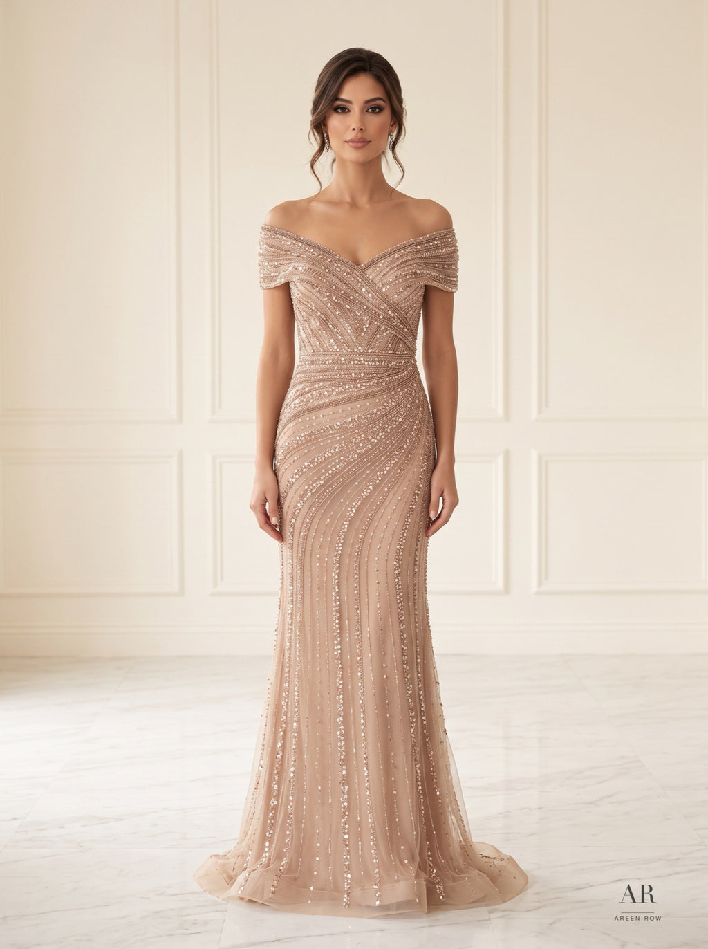Evangeline nude draped beaded tulle sheath evening gown by Areen Row, front view