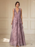 Fabienne lavender deep v-neck embroidered a-line evening gown by Areen Row