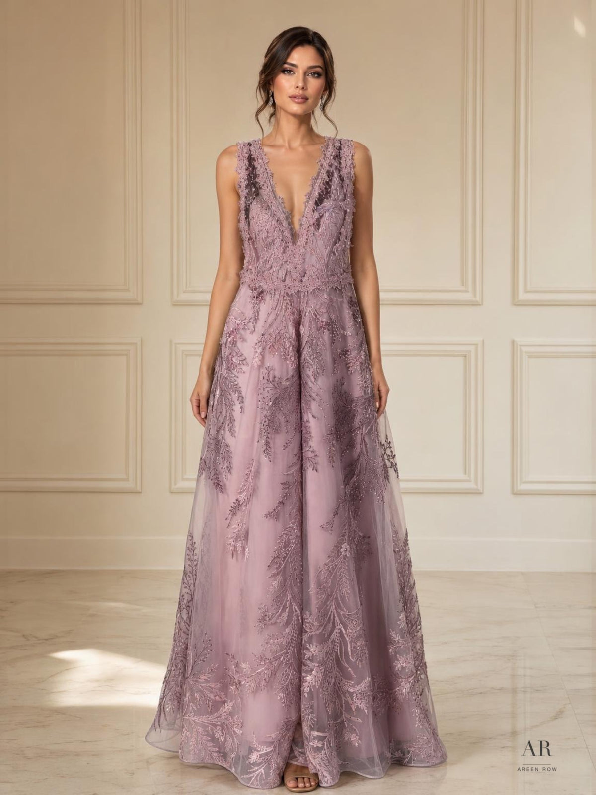 Fabienne lavender deep v-neck embroidered a-line evening gown by Areen Row